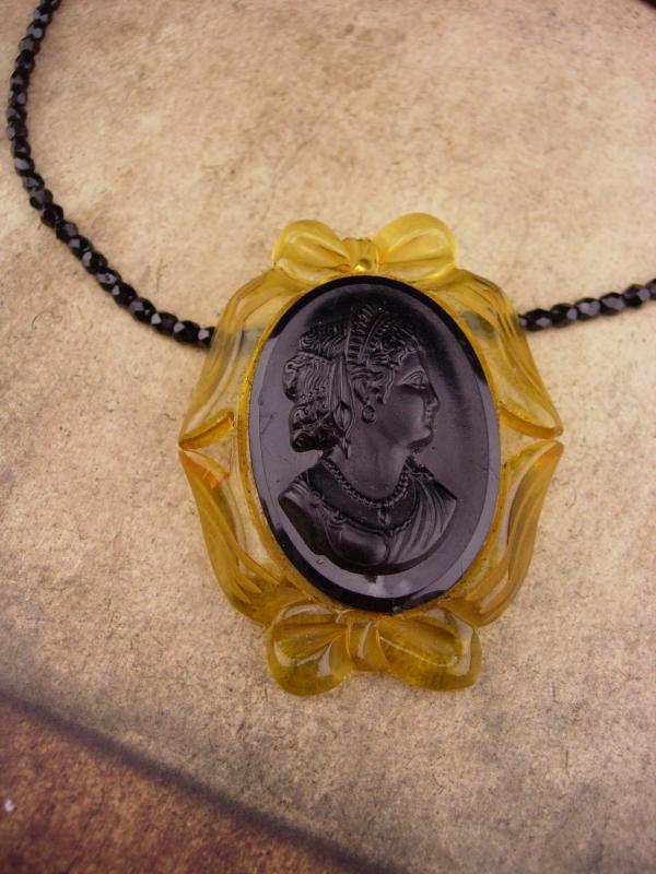 Black Mourning Cameo / vintage cameo necklace / black glass beads / carved lucite / victorian Choker necklace
