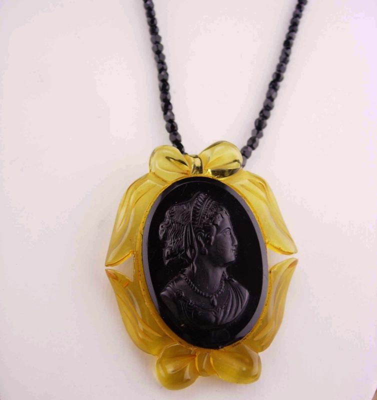 Black Mourning Cameo / vintage cameo necklace / black glass beads / carved lucite / victorian Choker necklace