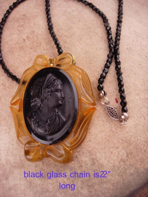 Black Mourning Cameo / vintage cameo necklace / black glass beads / carved lucite / victorian Choker necklace