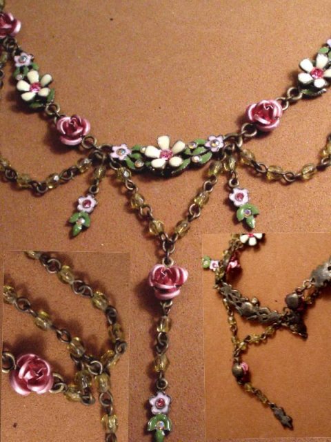 Enamel FLORAL Edwardian style jeweled necklace