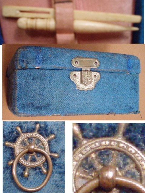 19th century velvet Marine ships wheel Sewing box Ivory bodkins