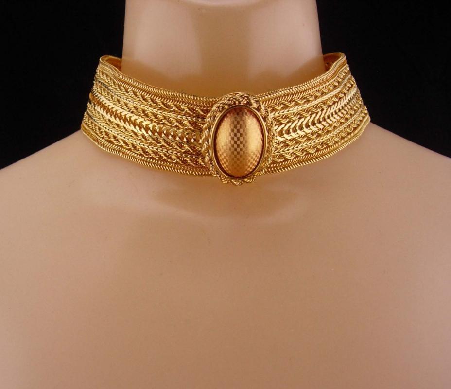 RARE Monet parure / Victorian choker / vintage statement Necklace / Egyptian gold mesh bracelet / clip on earrings / Collar and Bracelet