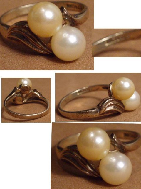 Vintage STERLING genuine TWO pearl RING size 6 gold nouveau design