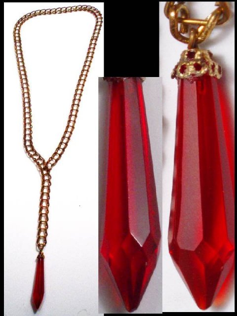 LONG vintage RED Glass DROP fancy necklace