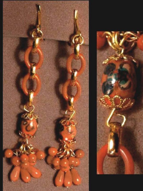 Chinese Coral color glass LONG tassel Earrings
