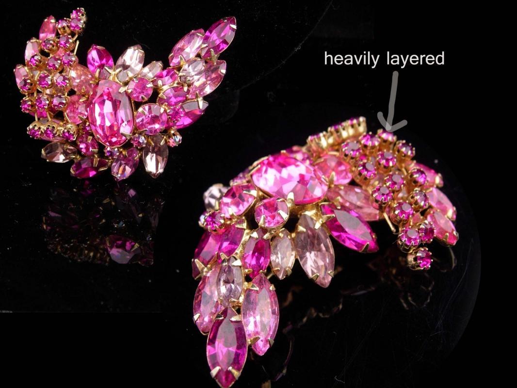 Huge Pink Brooch / unsigned beauty / Vintage layered Brooch / rhinestone pin / statement piece / estate jewelry