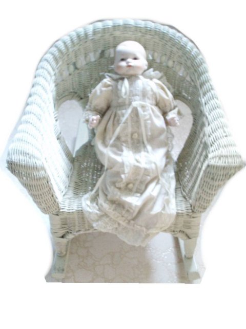 OLD Child DOLL Victorian WIcker Rocking Chair