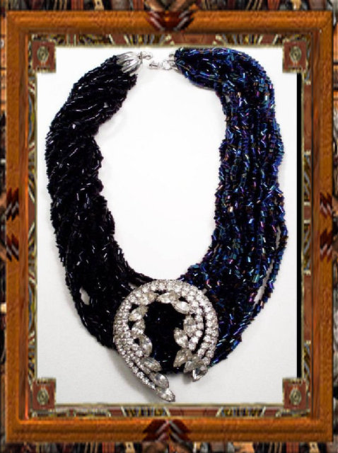 Vintage EXOTIC RAVEN Glass RHINESTONE necklace and brooch