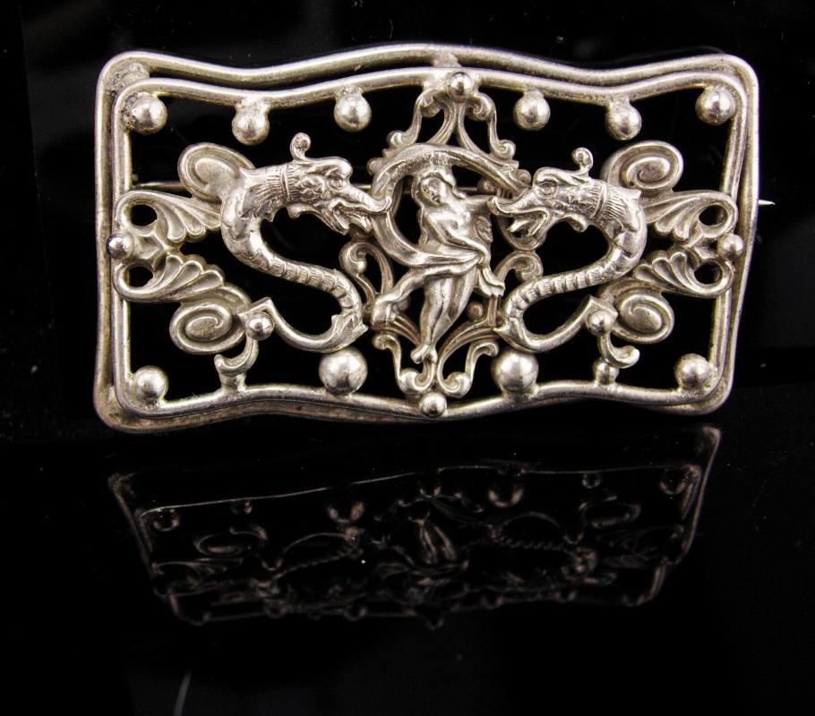 Antique DRAGON sash pin / Nude goddess / victorian jewelry / art nouveau brooch / mythical creature / Medieval pin / renaissance brooch