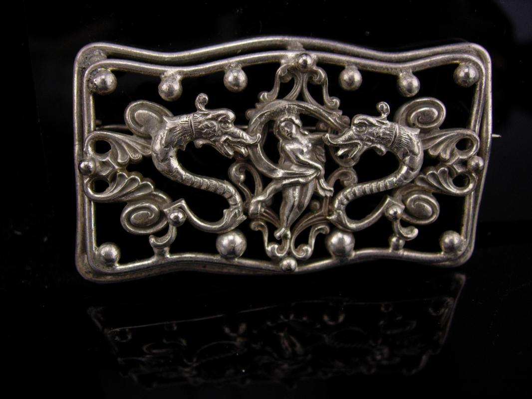 Antique DRAGON sash pin / Nude goddess / victorian jewelry / art nouveau brooch / mythical creature / Medieval pin / renaissance brooch