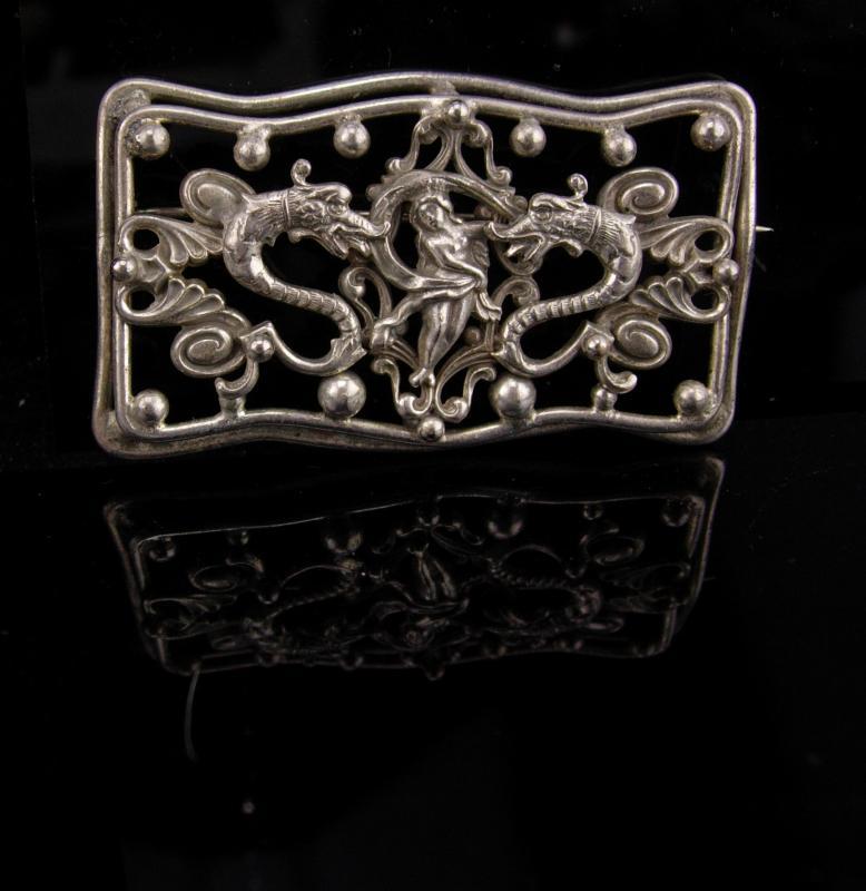 Antique DRAGON sash pin / Nude goddess / victorian jewelry / art nouveau brooch / mythical creature / Medieval pin / renaissance brooch