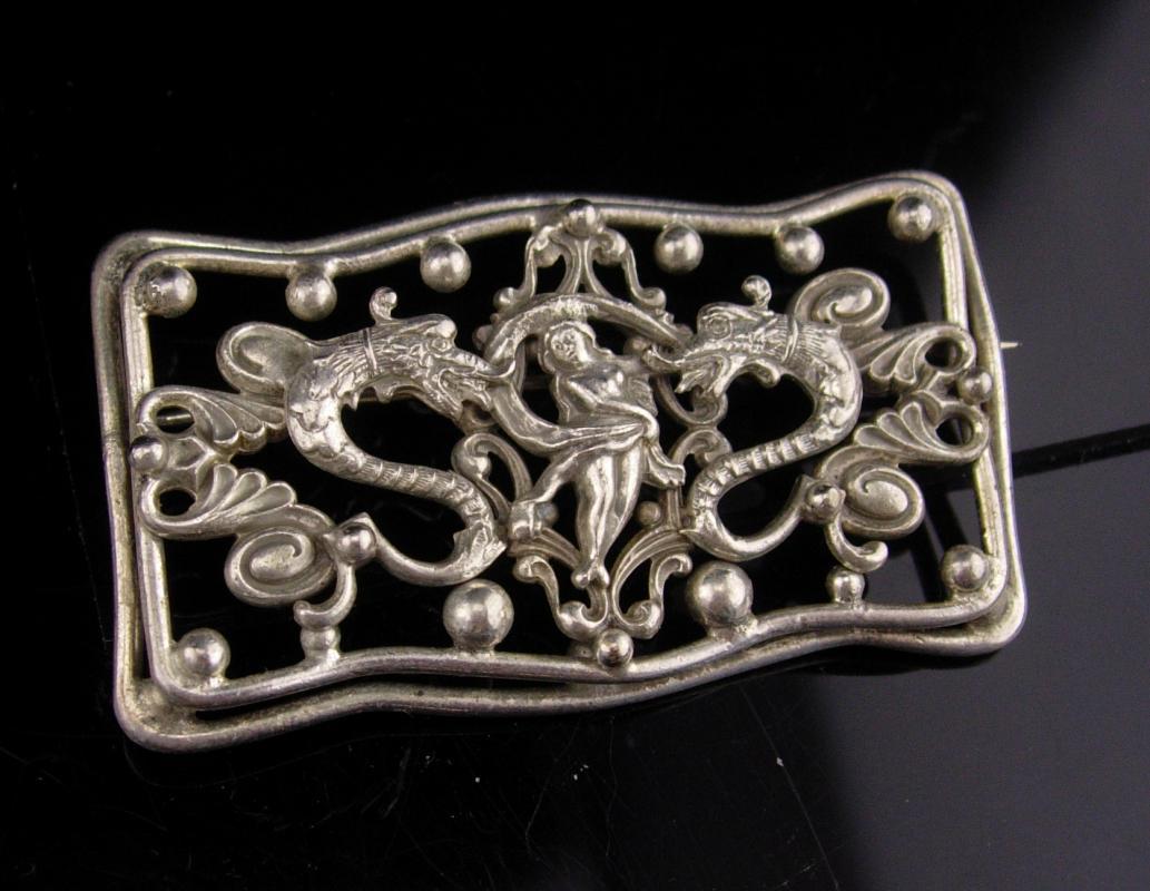Antique DRAGON sash pin / Nude goddess / victorian jewelry / art nouveau brooch / mythical creature / Medieval pin / renaissance brooch