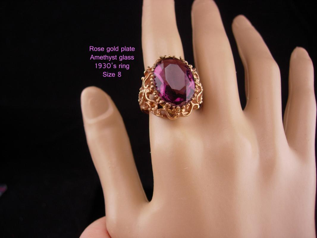 HUGE Vintage Ring / Amethyst gothic costume ring / Dramatic rose gold plate setting / February Birthstone / size 8 / Aquarius horoscope