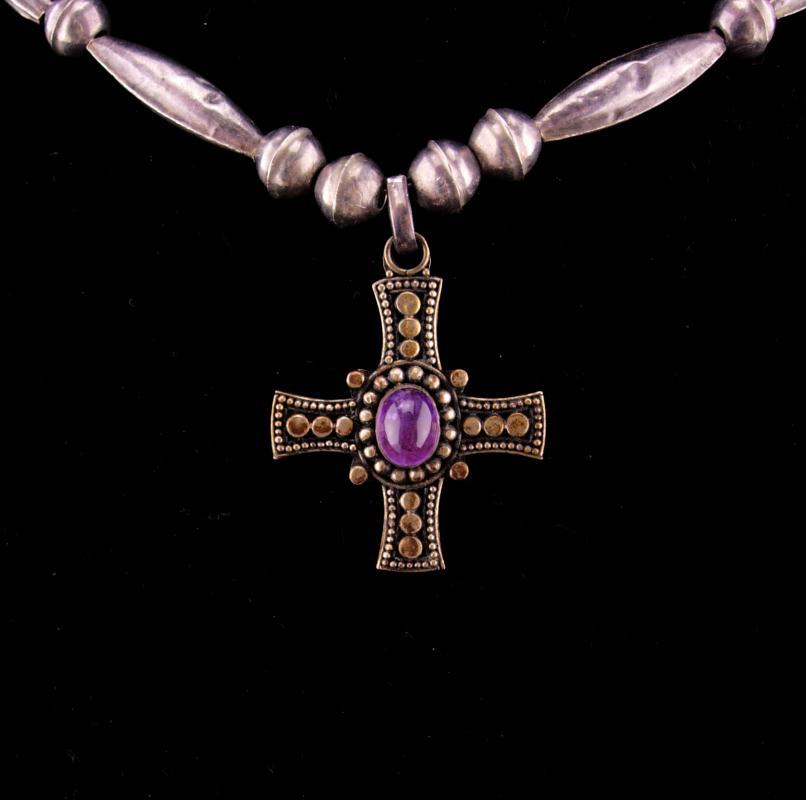 vintage Gothic cross necklace / Sterling choker / amethyst cross / statement necklace / genuine Amethyst / medieval jewelry hand made beads