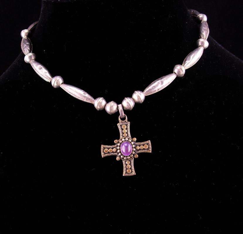 vintage Gothic cross necklace / Sterling choker / amethyst cross / statement necklace / genuine Amethyst / medieval jewelry hand made beads
