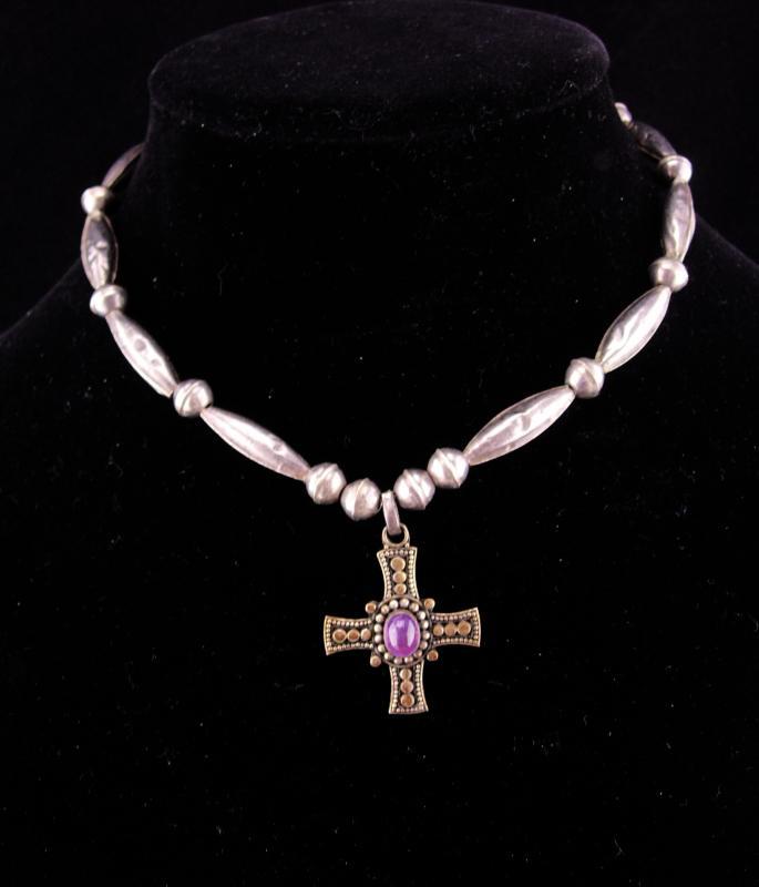 vintage Gothic cross necklace / Sterling choker / amethyst cross / statement necklace / genuine Amethyst / medieval jewelry hand made beads