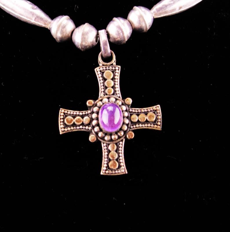 vintage Gothic cross necklace / Sterling choker / amethyst cross / statement necklace / genuine Amethyst / medieval jewelry hand made beads