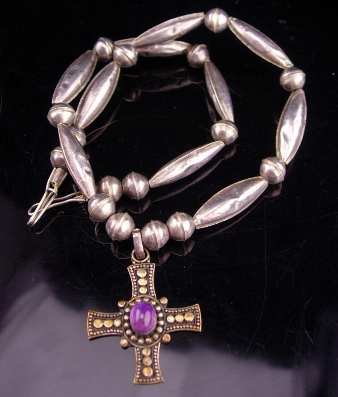 vintage Gothic cross necklace / Sterling choker / amethyst cross / statement necklace / genuine Amethyst / medieval jewelry hand made beads