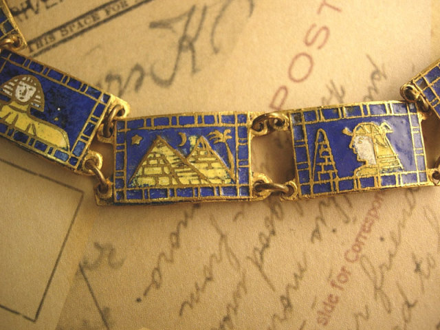 ANtique Deco ENAMEL FIGURAL Egyptian Bracelet Cleopatra and the pymamids