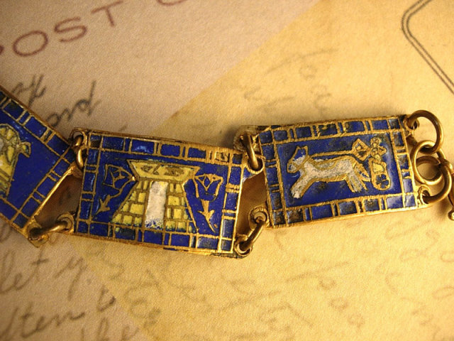 ANtique Deco ENAMEL FIGURAL Egyptian Bracelet Cleopatra and the pymamids