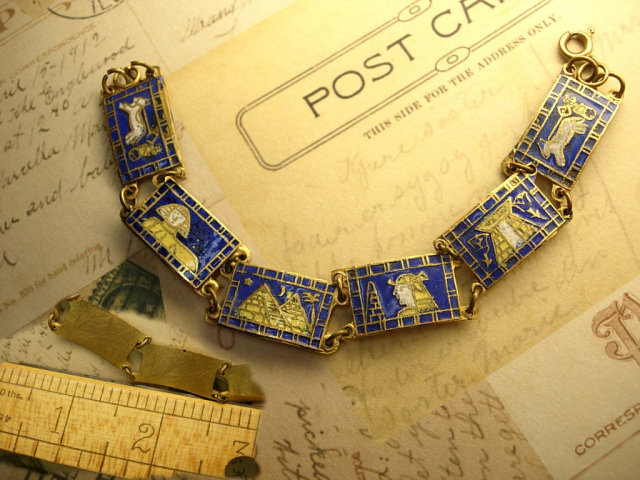ANtique Deco ENAMEL FIGURAL Egyptian Bracelet Cleopatra and the pymamids