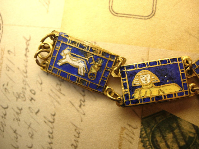 ANtique Deco ENAMEL FIGURAL Egyptian Bracelet Cleopatra and the pymamids