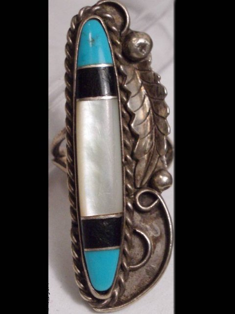 HUGE 40's TURQUOISE FEATHER silver ring