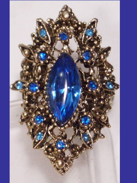 HUGE fancy BLUE RHINESTONE baroque RING