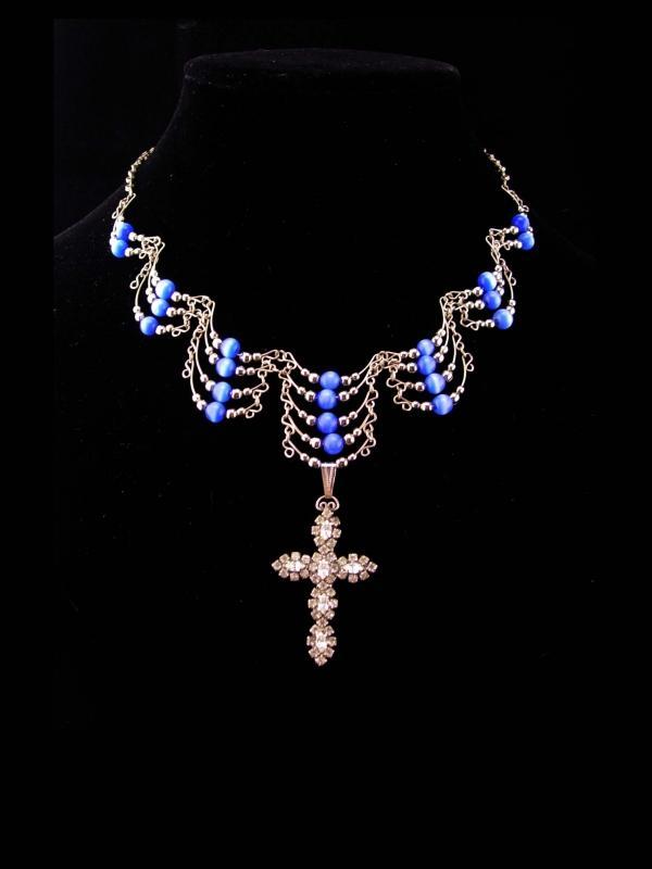 Medieval cross necklace / blue cats eye / religious jewelry / vintage bib necklace / chandelier jewelry / rhinestone pendant /gothic jewelry