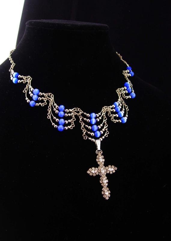 Medieval cross necklace / blue cats eye / religious jewelry / vintage bib necklace / chandelier jewelry / rhinestone pendant /gothic jewelry
