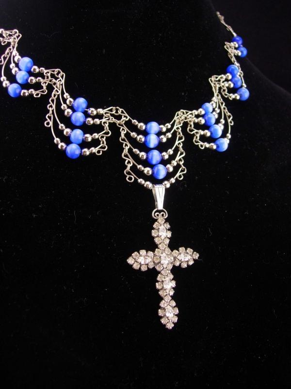 Medieval cross necklace / blue cats eye / religious jewelry / vintage bib necklace / chandelier jewelry / rhinestone pendant /gothic jewelry