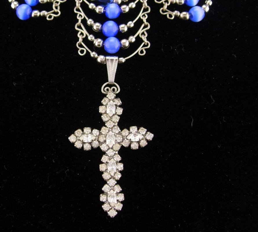 Medieval cross necklace / blue cats eye / religious jewelry / vintage bib necklace / chandelier jewelry / rhinestone pendant /gothic jewelry