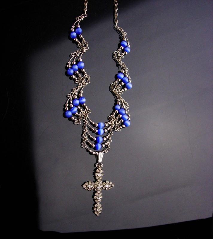 Medieval cross necklace / blue cats eye / religious jewelry / vintage bib necklace / chandelier jewelry / rhinestone pendant /gothic jewelry
