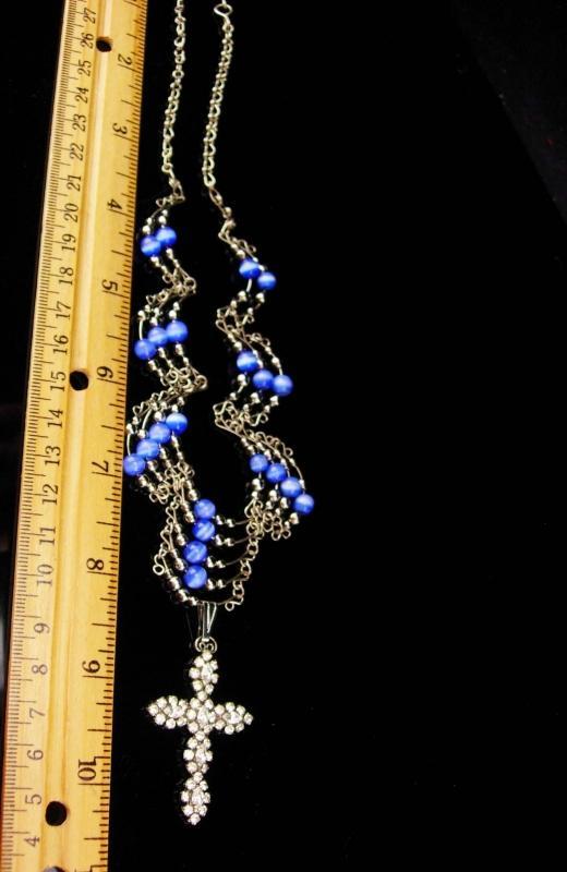 Medieval cross necklace / blue cats eye / religious jewelry / vintage bib necklace / chandelier jewelry / rhinestone pendant /gothic jewelry
