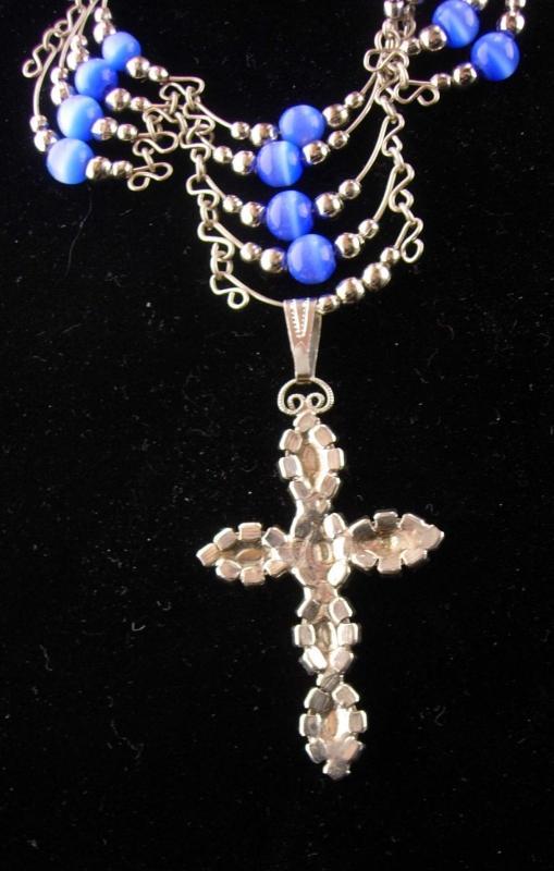 Medieval cross necklace / blue cats eye / religious jewelry / vintage bib necklace / chandelier jewelry / rhinestone pendant /gothic jewelry