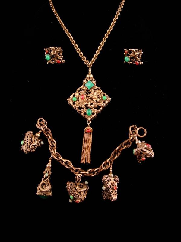 Vintage dragon parure / dragon fob necklace / mythical dragon bracelet / Victorian fob charms / dragon clip on earrings / Gothic necklace