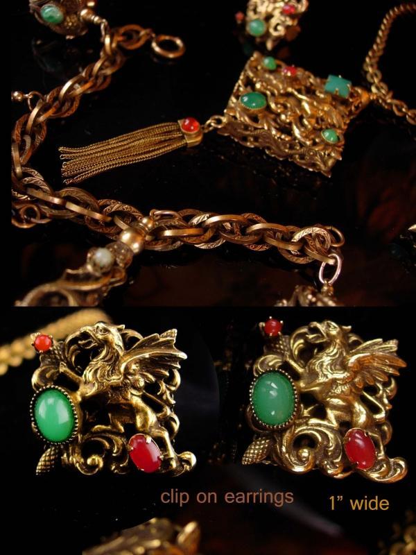 Vintage dragon parure / dragon fob necklace / mythical dragon bracelet / Victorian fob charms / dragon clip on earrings / Gothic necklace