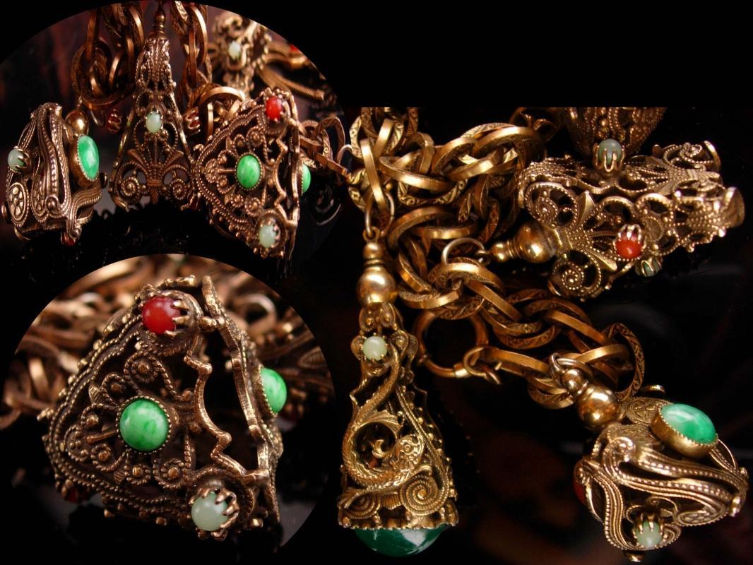 Vintage dragon parure / dragon fob necklace / mythical dragon bracelet / Victorian fob charms / dragon clip on earrings / Gothic necklace