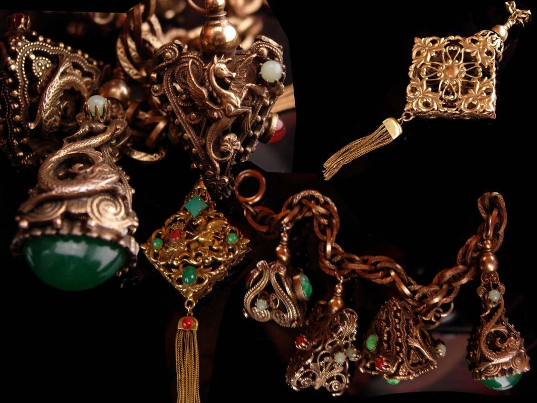 Vintage dragon parure / dragon fob necklace / mythical dragon bracelet / Victorian fob charms / dragon clip on earrings / Gothic necklace