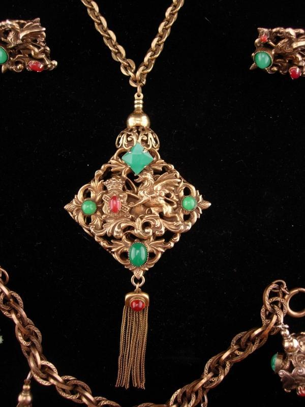 Vintage dragon parure / dragon fob necklace / mythical dragon bracelet / Victorian fob charms / dragon clip on earrings / Gothic necklace
