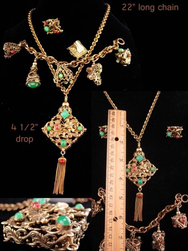 Vintage dragon parure / dragon fob necklace / mythical dragon bracelet / Victorian fob charms / dragon clip on earrings / Gothic necklace