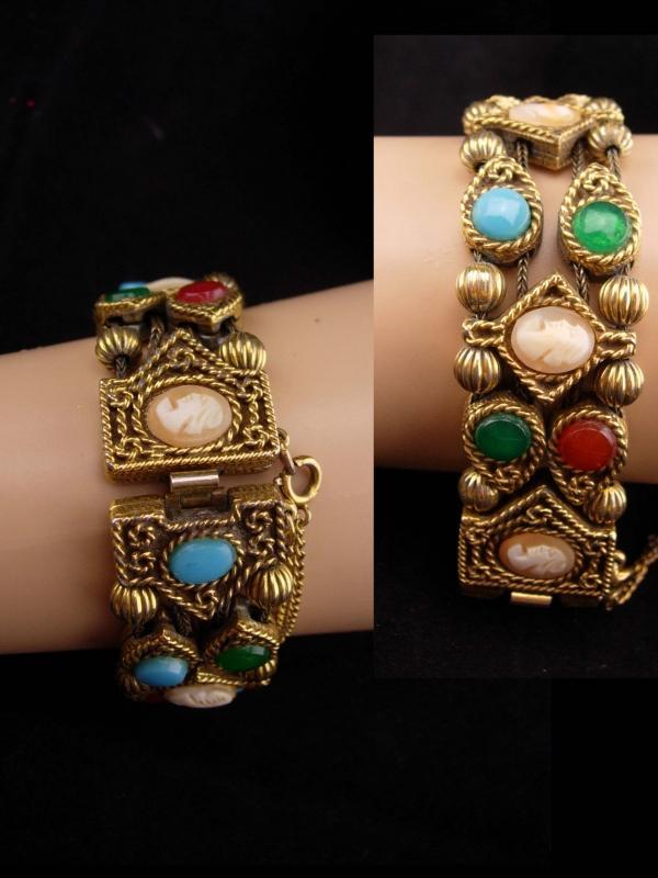 Vintage Victorian slide bracelet / Double row bracelet / cameo bracelet / Gold charm bracelet