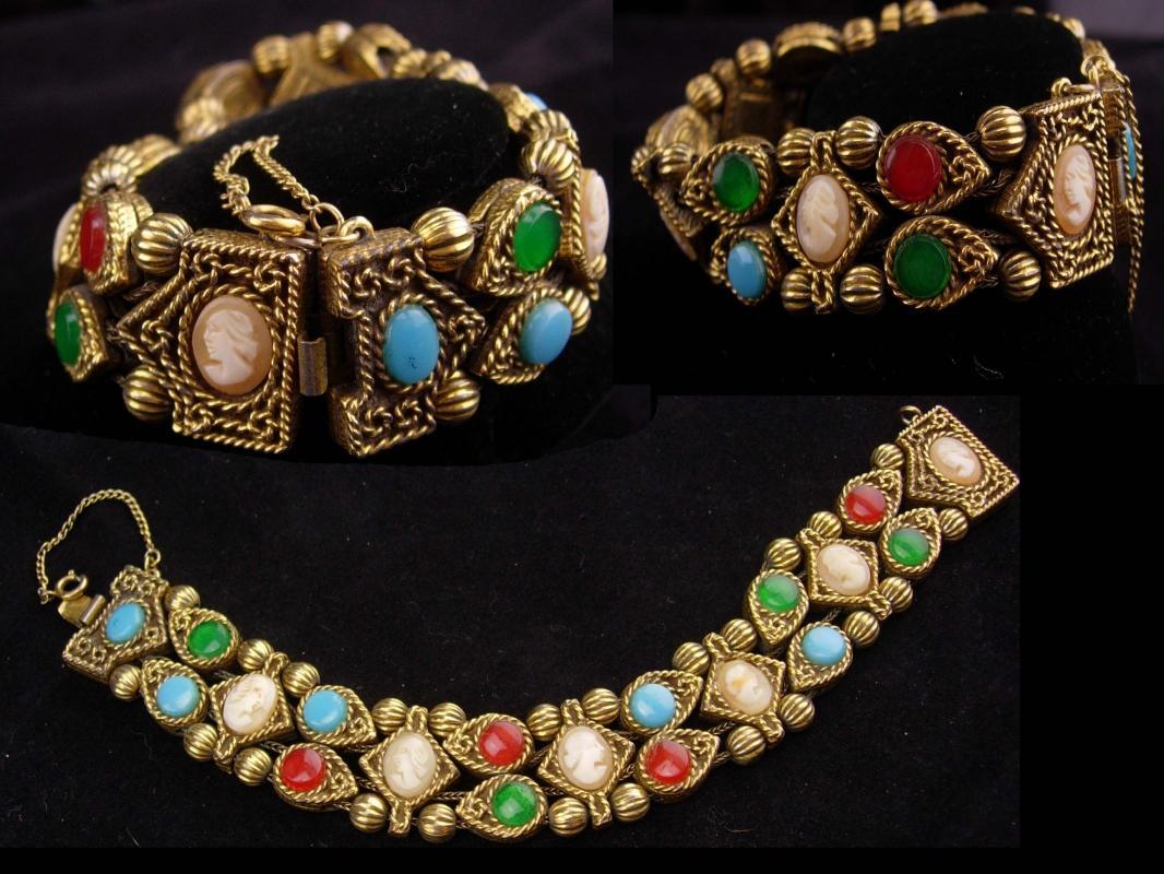 Vintage Victorian slide bracelet / Double row bracelet / cameo bracelet / Gold charm bracelet