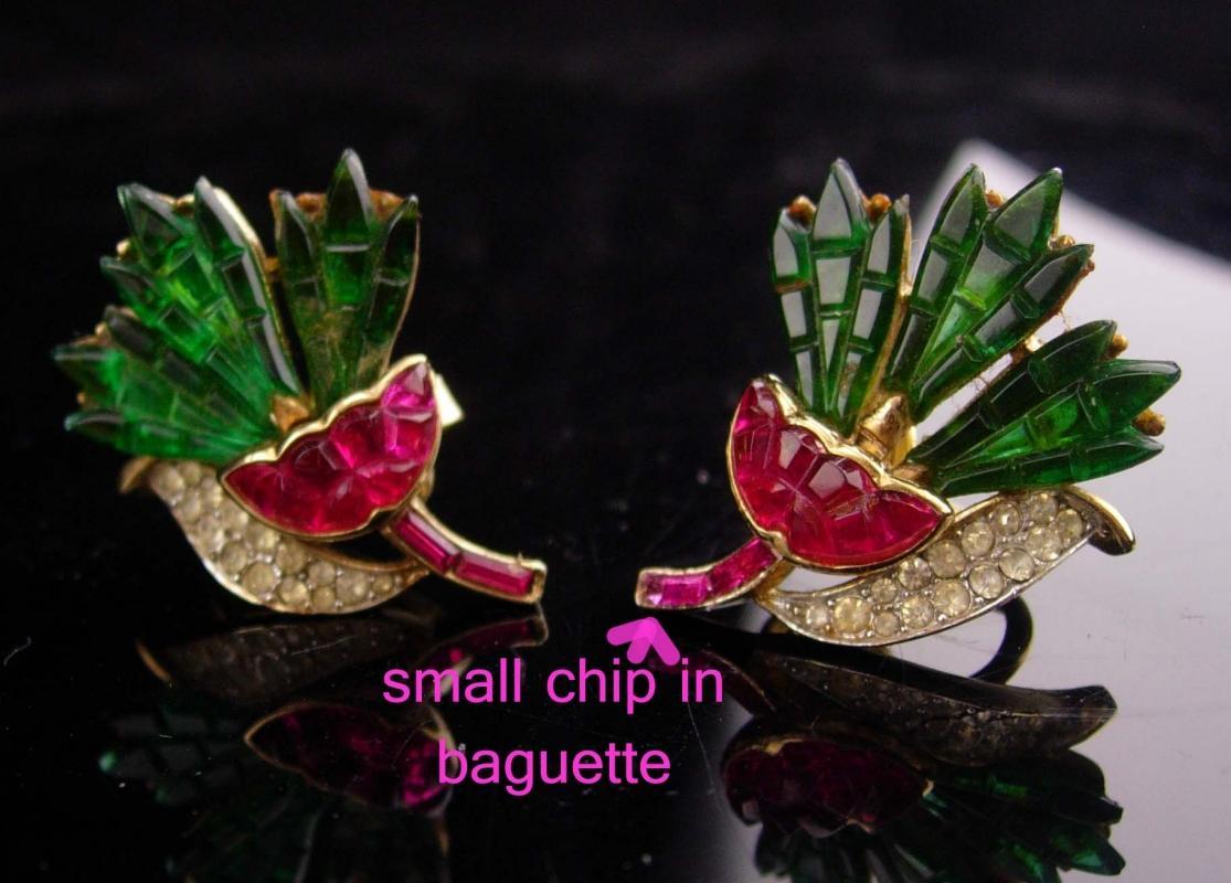 Vintage Crown Trifari Earrings / pink carnation flowers / Alfred Philippe Invisibly clip on / Signed estate rhinestone jewelry