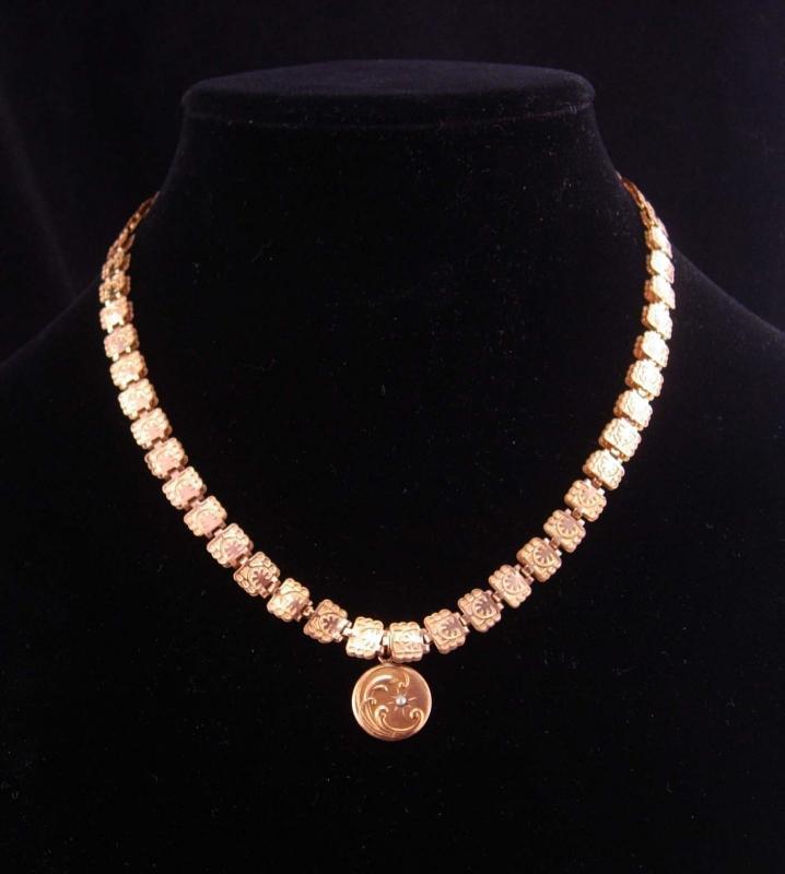 1800's Antique Bookchain necklace / Vintage Moon locket / rose and yellow gold filled / Victorian necklace / charm estate jewelry keepsake