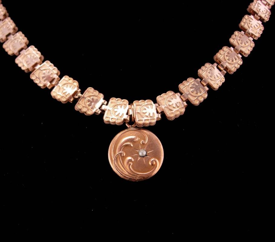 1800's Antique Bookchain necklace / Vintage Moon locket / rose and yellow gold filled / Victorian necklace / charm estate jewelry keepsake