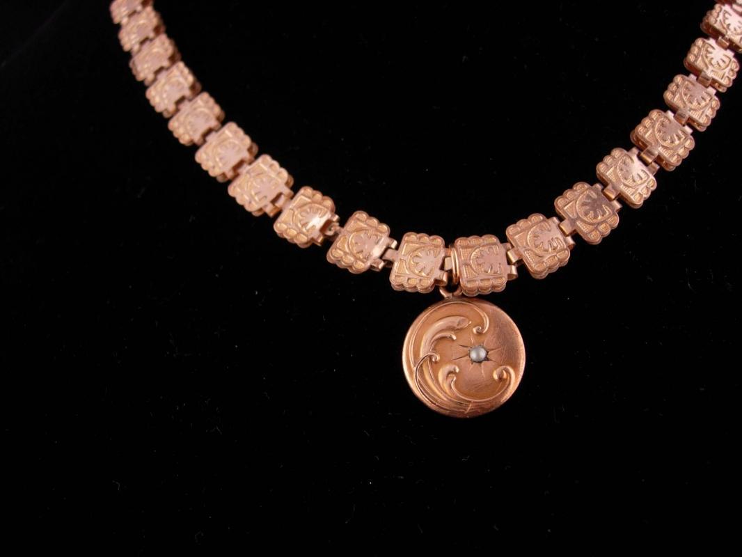 1800's Antique Bookchain necklace / Vintage Moon locket / rose and yellow gold filled / Victorian necklace / charm estate jewelry keepsake