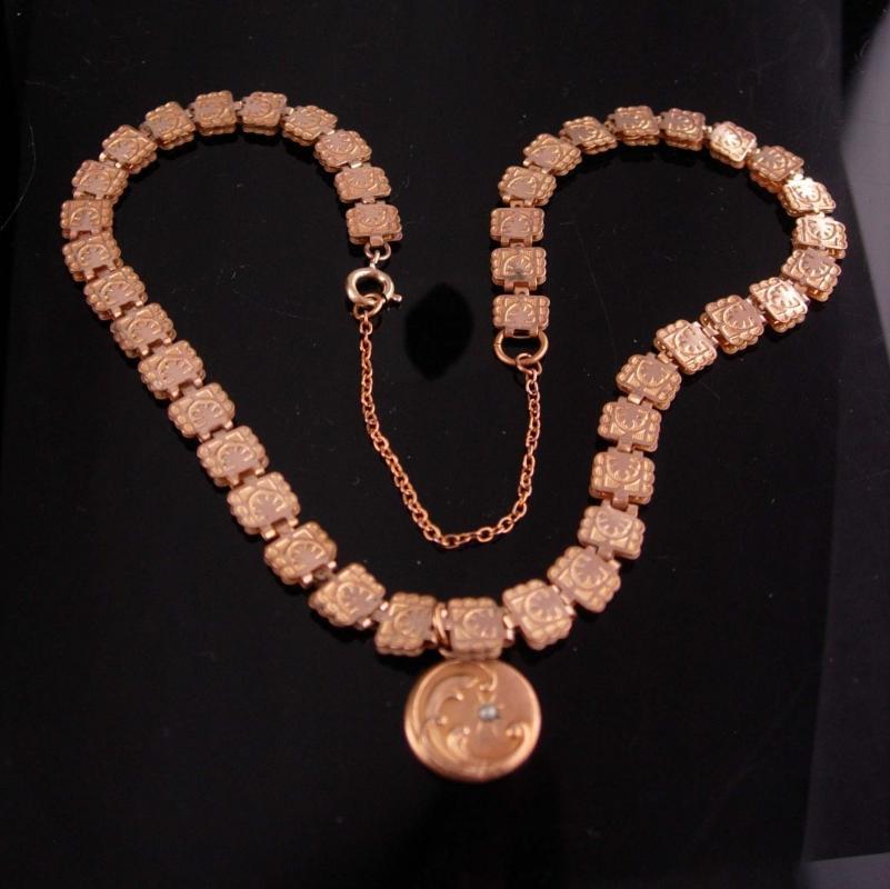 1800's Antique Bookchain necklace / Vintage Moon locket / rose and yellow gold filled / Victorian necklace / charm estate jewelry keepsake