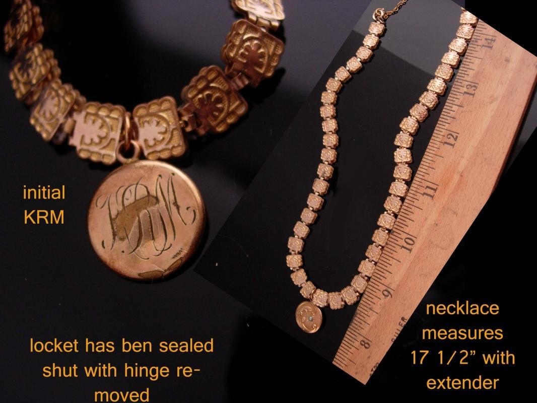 1800's Antique Bookchain necklace / Vintage Moon locket / rose and yellow gold filled / Victorian necklace / charm estate jewelry keepsake