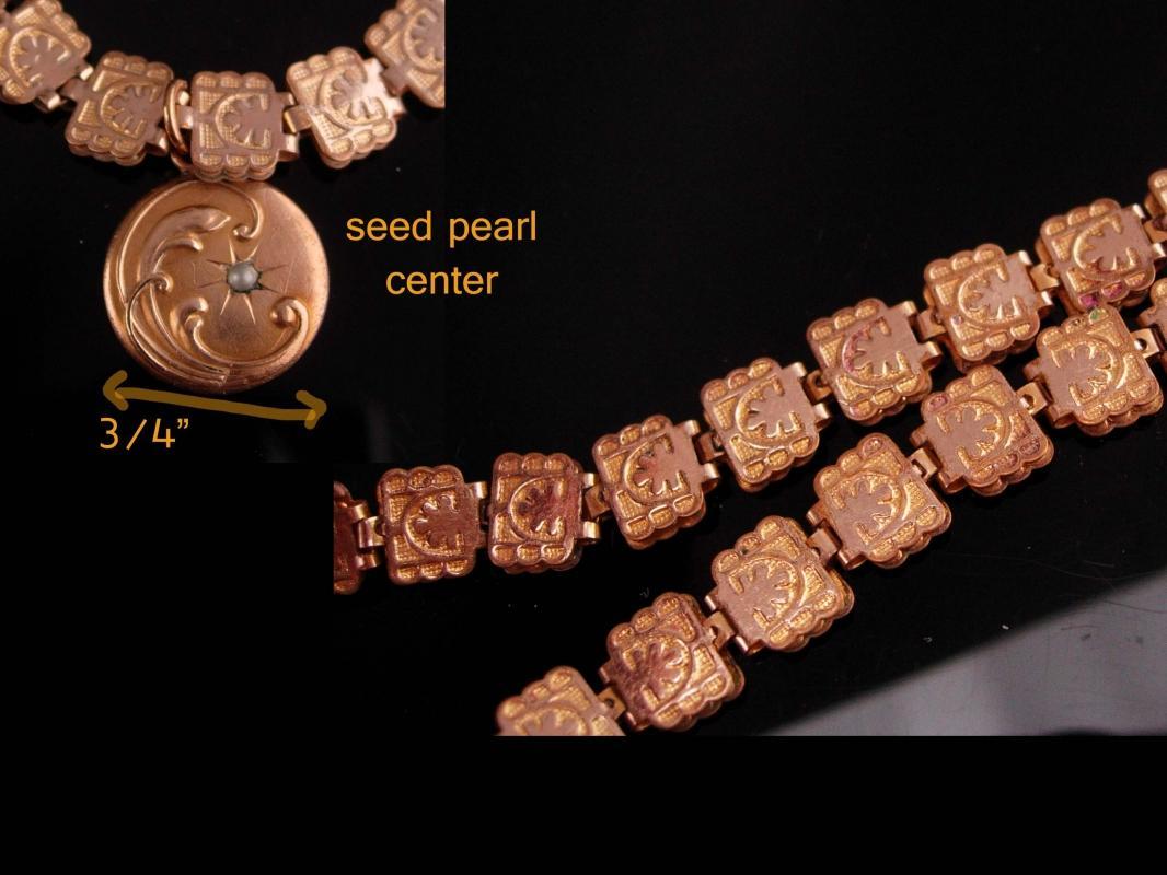 1800's Antique Bookchain necklace / Vintage Moon locket / rose and yellow gold filled / Victorian necklace / charm estate jewelry keepsake